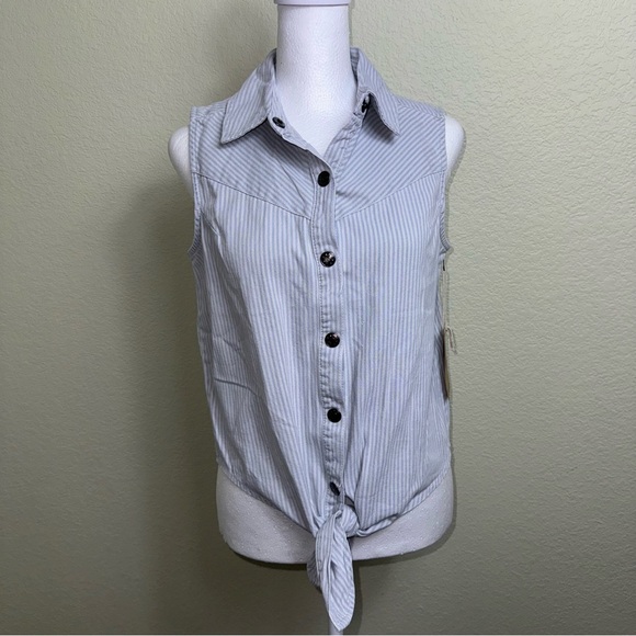 Lone Star Designed by NY Denim Sleeveless Tie Bottom M NWT Snaps Stripes Cotton - Picture 2 of 7